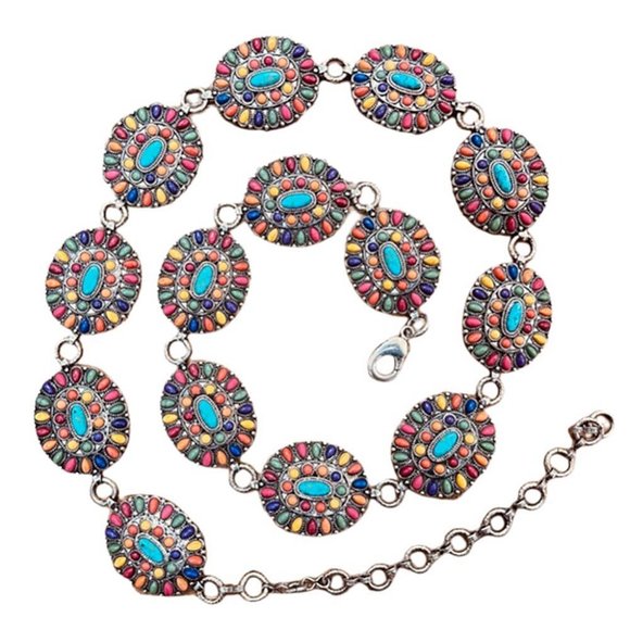 Turquoise Multi Natural Stone Antique Metal Squash Blossom Boho Westen Link Belt - Picture 2 of 2